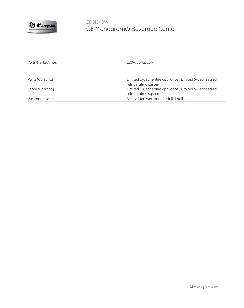 Ge monogram® beverage center | GE ZDBI240WII User Manual | Page 3 / 3