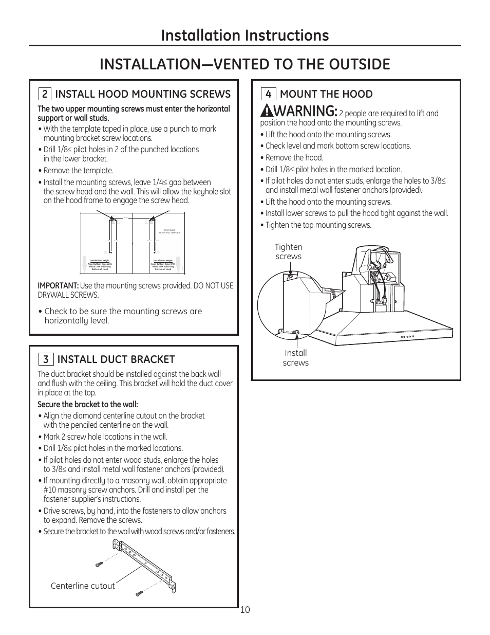 Installation instructions, Warning, 3 install duct bracket | 2 install hood mounting screws, Mount the hood, Centerline cutout | GE ZV830SMSS User Manual | Page 10 / 60