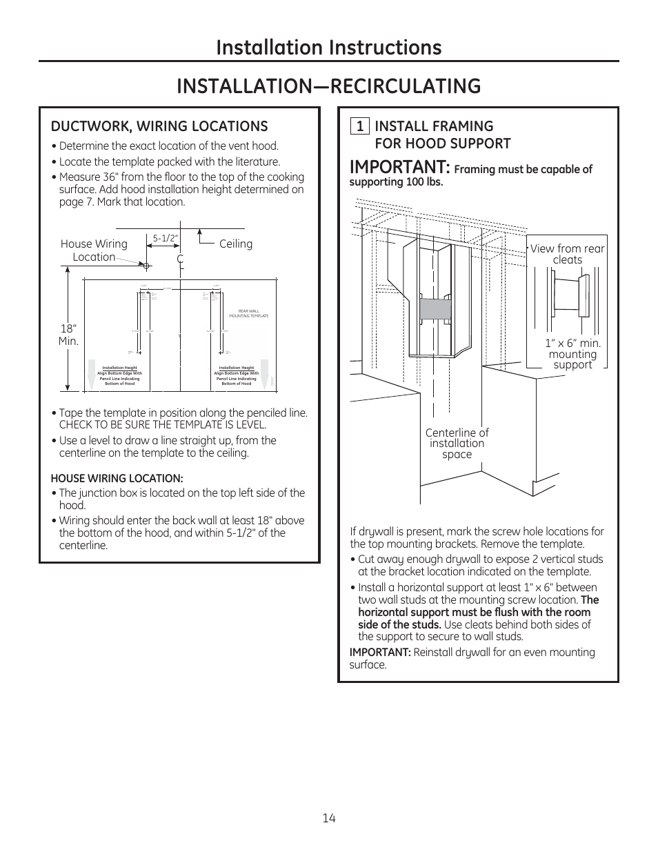 Installation instructions, Important, Ductwork, wiring locations | Install framing for hood support, 18” min | GE ZV830SMSS User Manual | Page 14 / 60