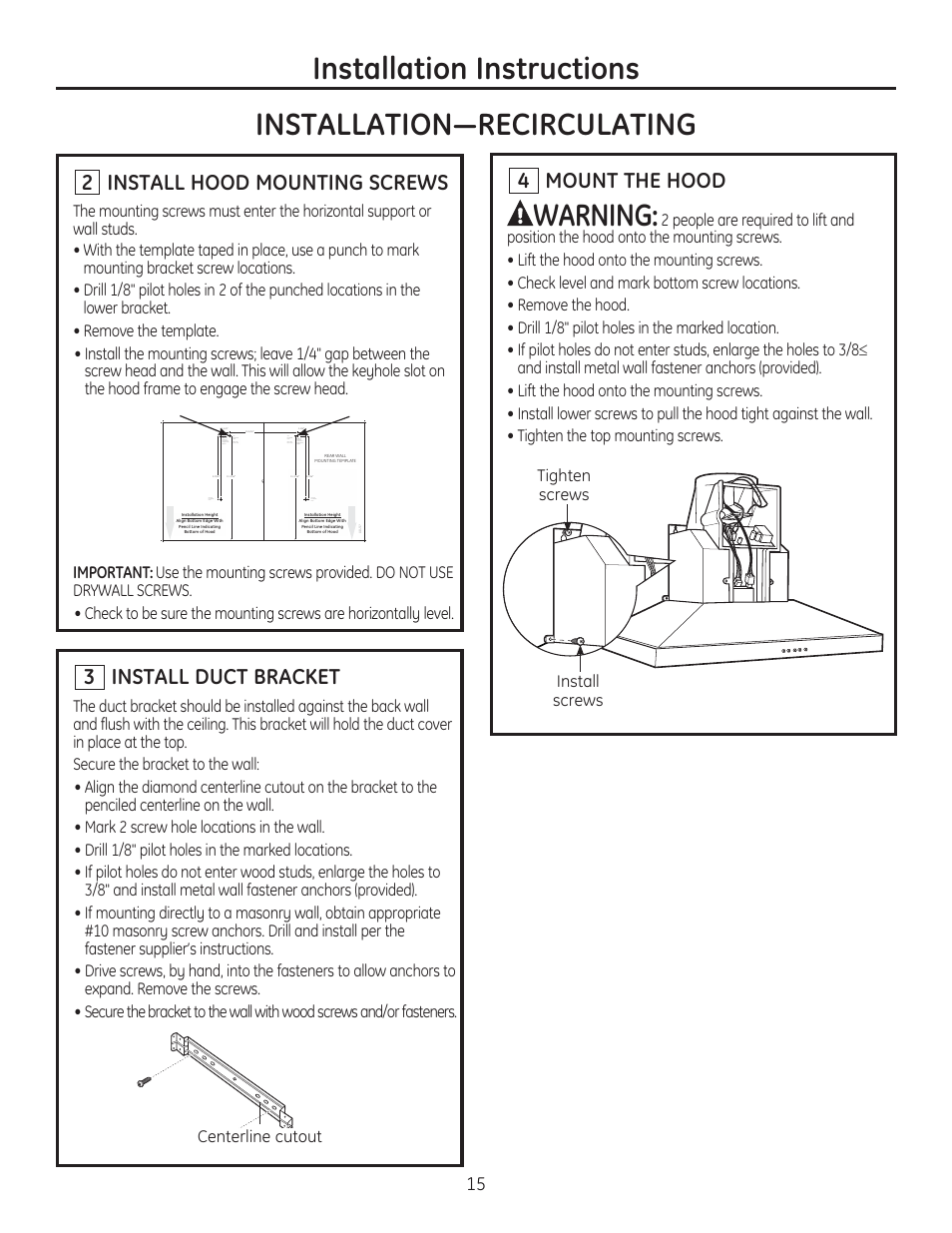 Warning, 3 install duct bracket, 2 install hood mounting screws | Mount the hood | GE ZV830SMSS User Manual | Page 15 / 60