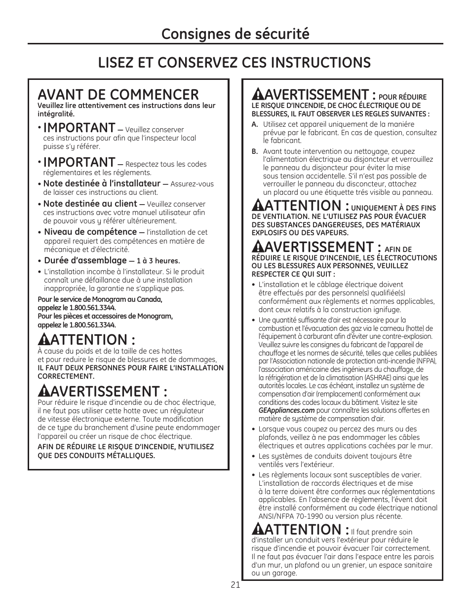Consignes de sécurité, Avant de commencer, Attention | Avertissement, Lisez et conservez ces instructions, Important | GE ZV830SMSS User Manual | Page 21 / 60