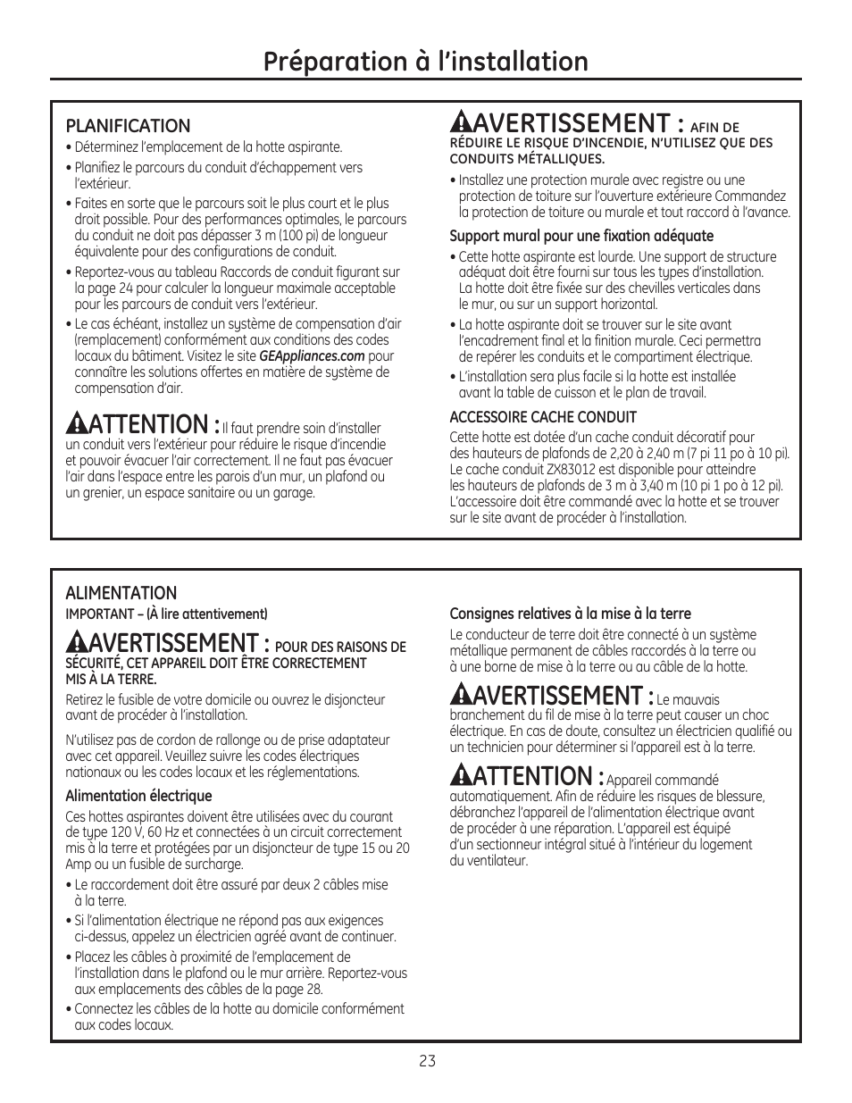 Préparation à l’installation, Attention, Avertissement | GE ZV830SMSS User Manual | Page 23 / 60