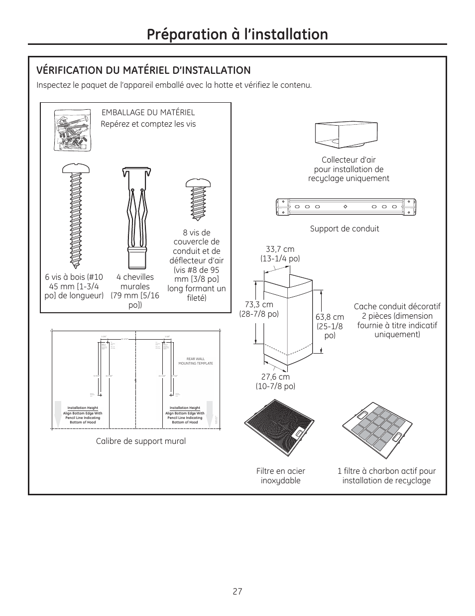 Préparation à l’installation, Vérification du matériel d’installation, Calibre de support mural | GE ZV830SMSS User Manual | Page 27 / 60