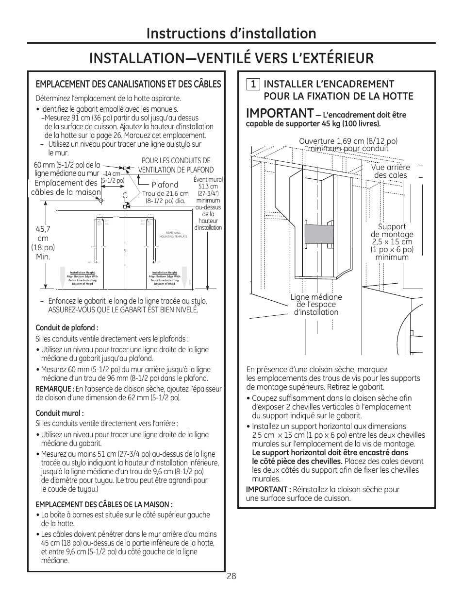 Instructions d’installation, Important, Emplacement des canalisations et des câbles | GE ZV830SMSS User Manual | Page 28 / 60