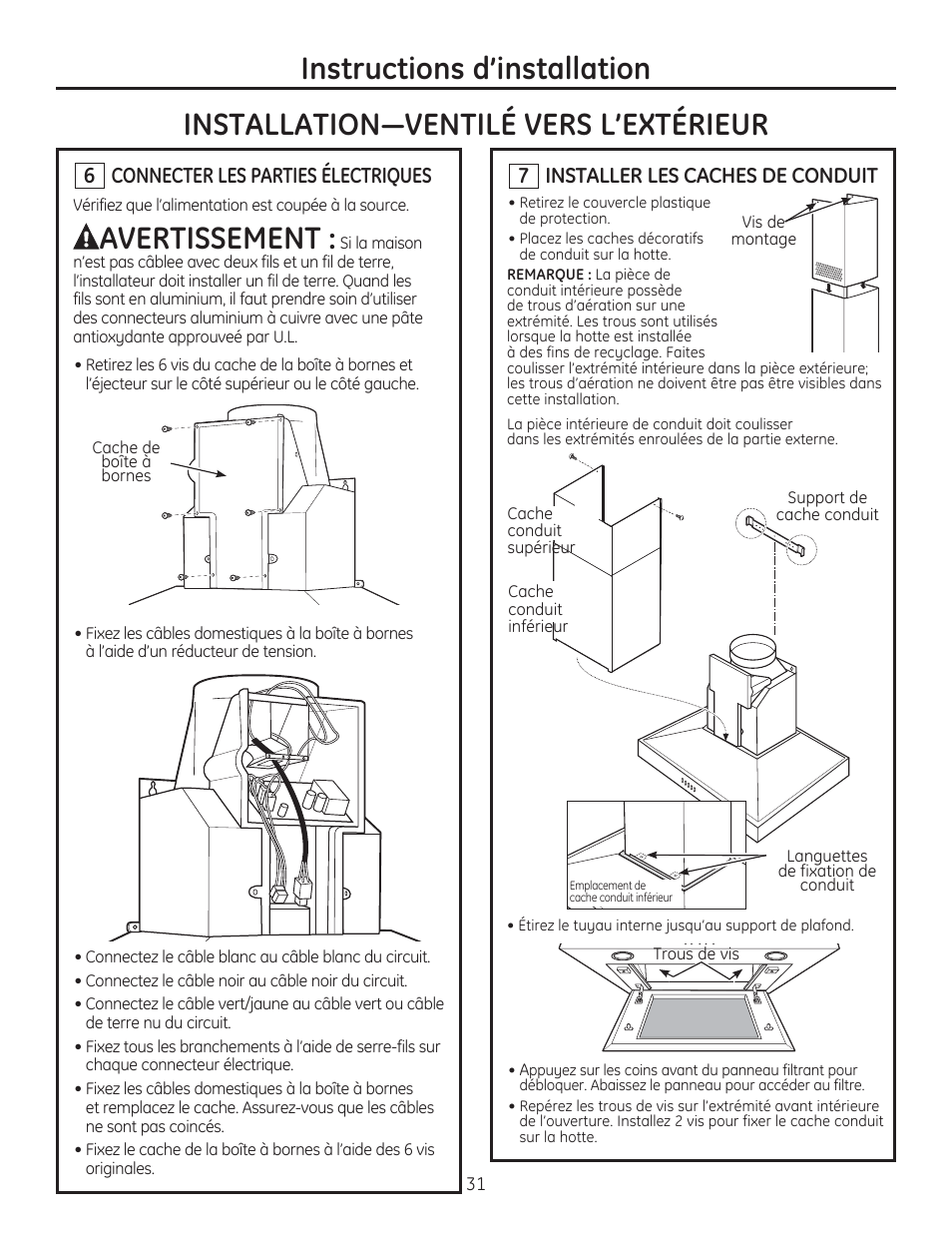Avertissement, Connecter les parties électriques, 7 installer les caches de conduit | GE ZV830SMSS User Manual | Page 31 / 60