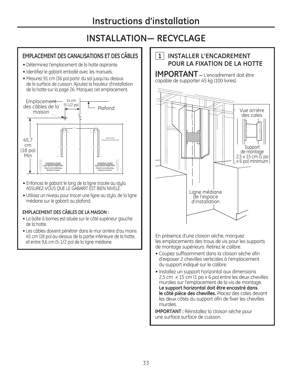 Instructions d’installation, Important, Emplacement des canalisations et des câbles | GE ZV830SMSS User Manual | Page 33 / 60