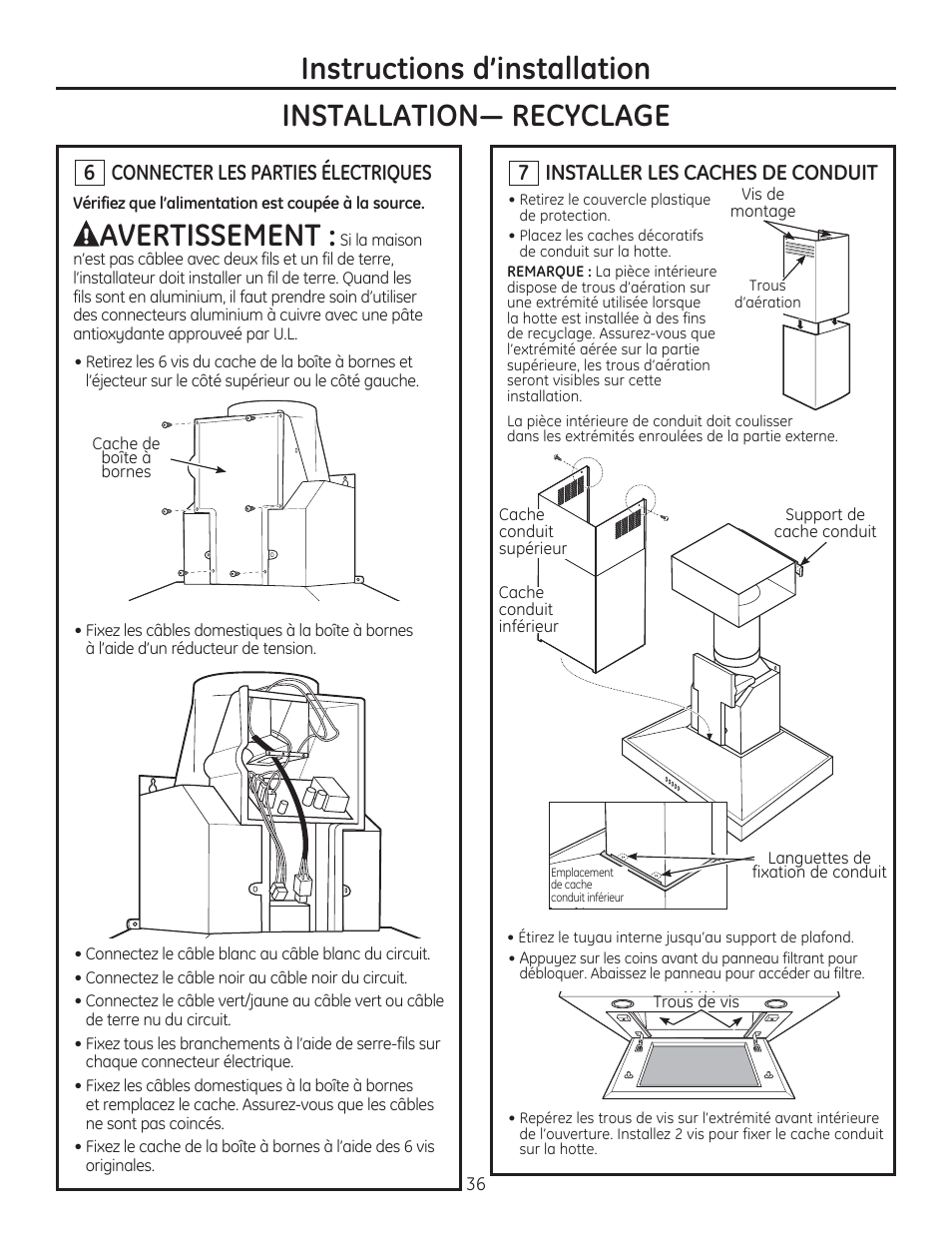 Avertissement, 7 installer les caches de conduit, Connecter les parties électriques | GE ZV830SMSS User Manual | Page 36 / 60