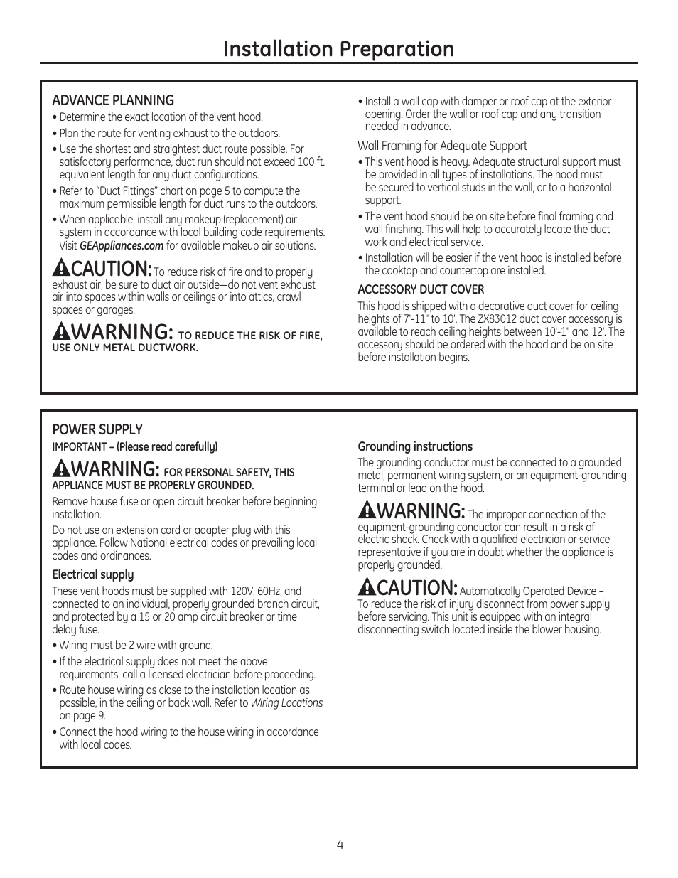 Installation preparation, Caution, Warning | GE ZV830SMSS User Manual | Page 4 / 60