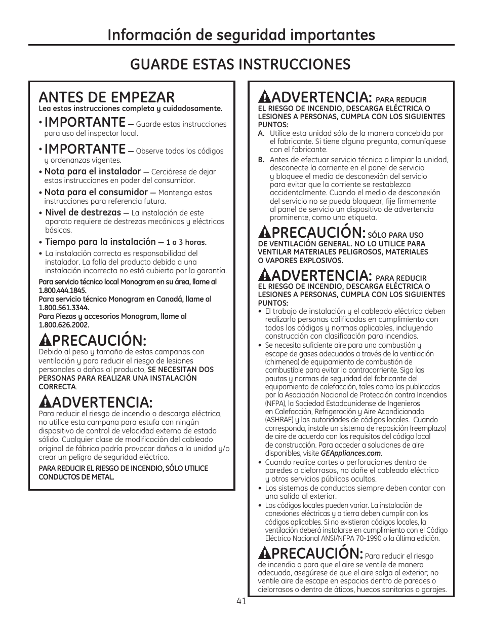 Información de seguridad importantes, Antes de empezar, Precaución | Advertencia, Guarde estas instrucciones, Importante | GE ZV830SMSS User Manual | Page 41 / 60