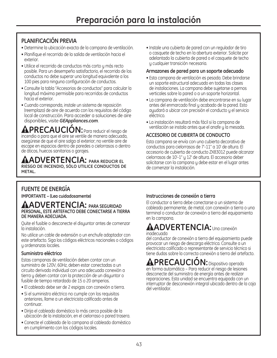 Preparación para la instalación, Precaución, Advertencia | GE ZV830SMSS User Manual | Page 43 / 60