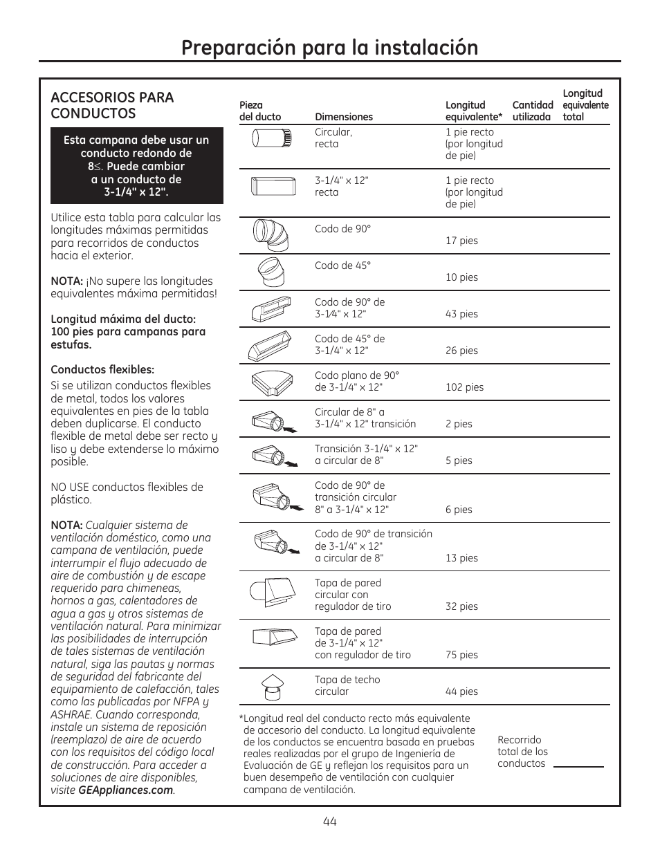 Preparación para la instalación, Accesorios para conductos | GE ZV830SMSS User Manual | Page 44 / 60