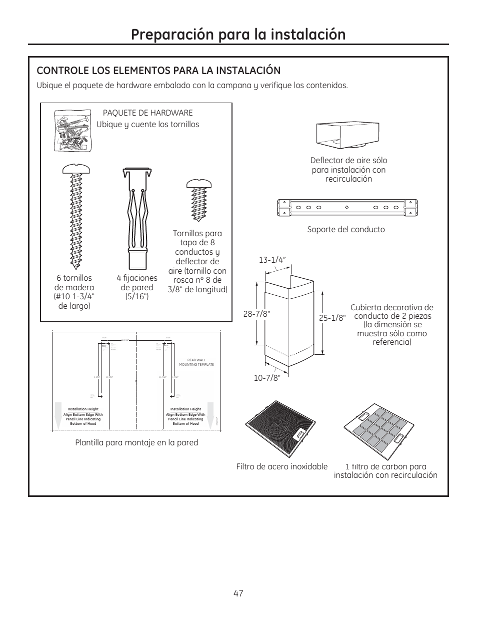 Preparación para la instalación, Controle los elementos para la instalación, Plantilla para montaje en la pared | GE ZV830SMSS User Manual | Page 47 / 60