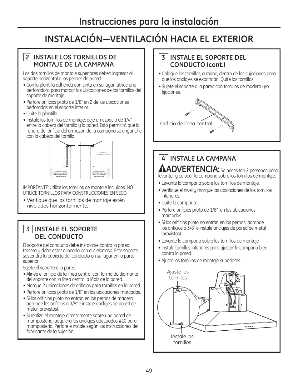 Instrucciones para la instalación, Advertencia, Instale el soporte del conducto | Instale los tornillos de montaje de la campana, Instale la campana, Instale el soporte del conducto frqw | GE ZV830SMSS User Manual | Page 49 / 60