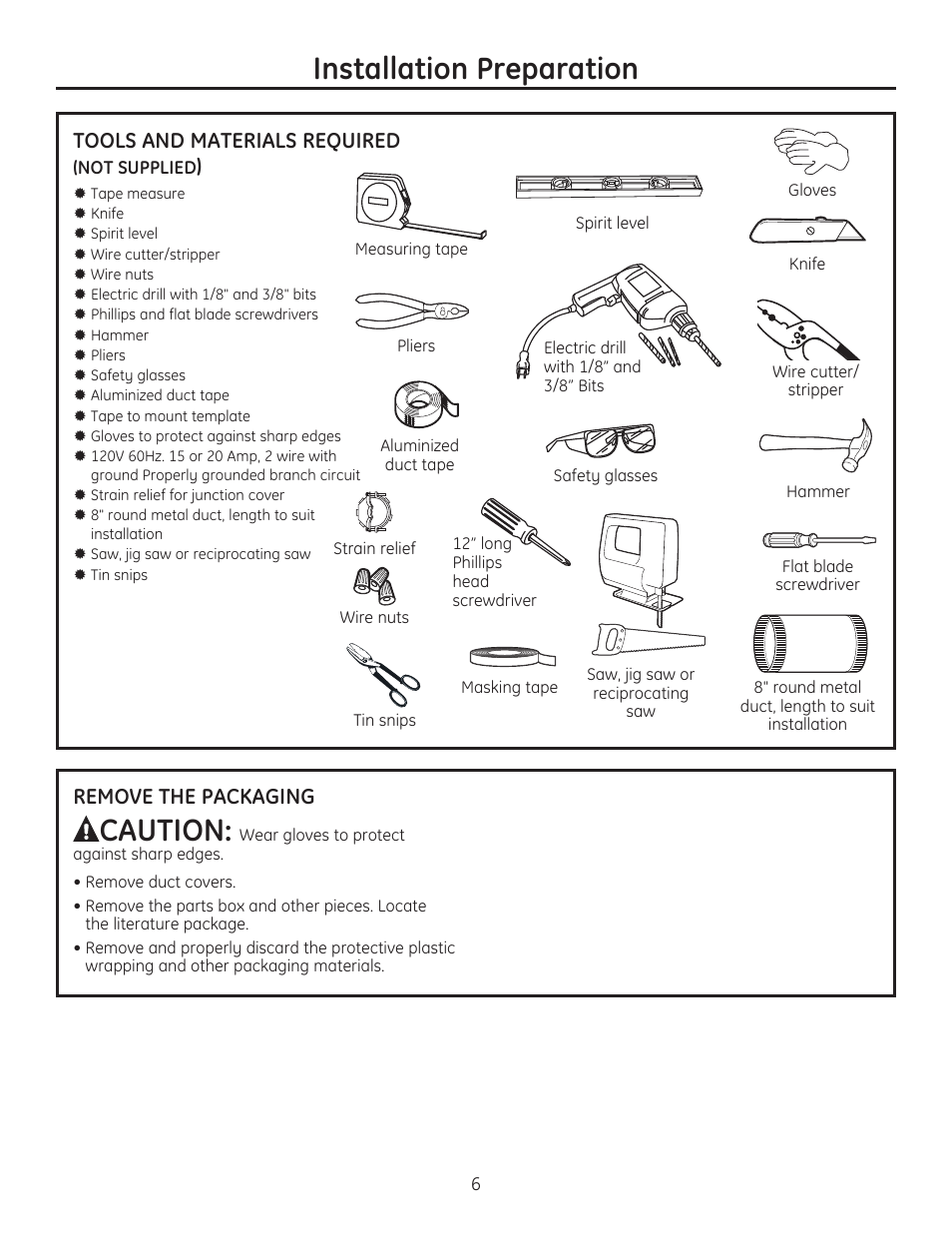 Installation preparation, Caution | GE ZV830SMSS User Manual | Page 6 / 60