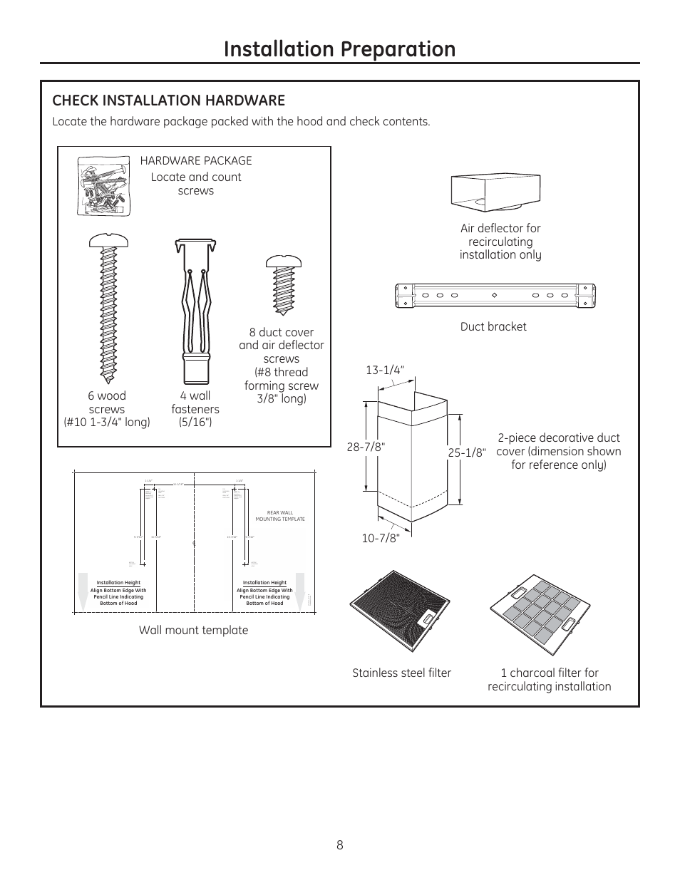 Installation preparation, Check installation hardware, Wall mount template | GE ZV830SMSS User Manual | Page 8 / 60