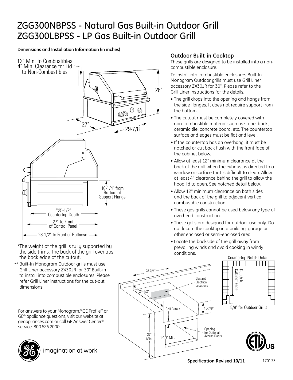 GE ZGG300NBPSS User Manual | 3 pages