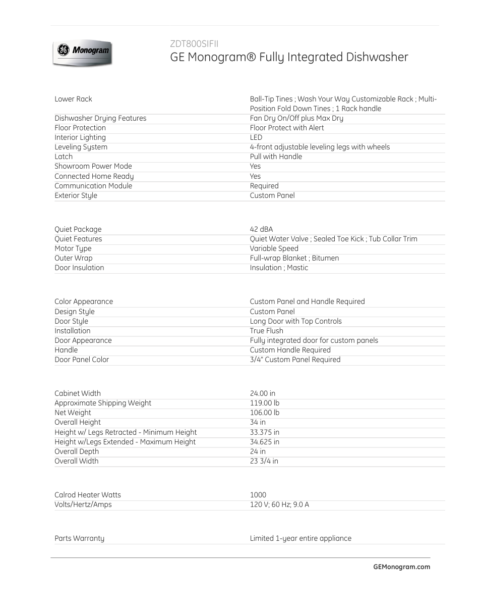 Ge monogram® fully integrated dishwasher, Zdt800sifii | GE ZDT800SIFII User Manual | Page 4 / 5