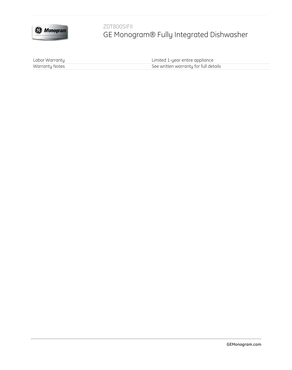 Ge monogram® fully integrated dishwasher | GE ZDT800SIFII User Manual | Page 5 / 5