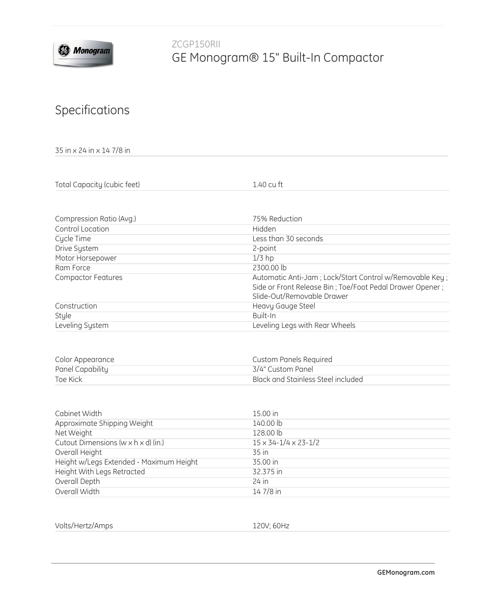 Ge monogram® 15" built-in compactor, Specifications, Zcgp150rii | GE ZCGP150RII User Manual | Page 2 / 3