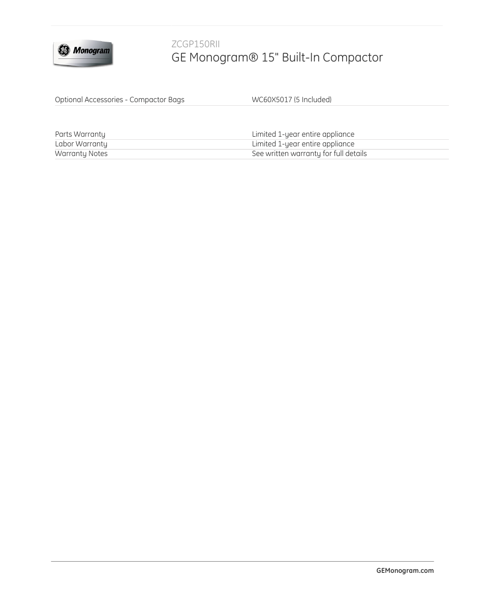 Ge monogram® 15" built-in compactor | GE ZCGP150RII User Manual | Page 3 / 3