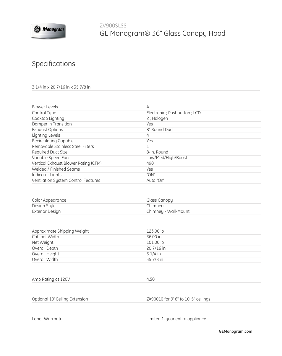 Ge monogram® 36" glass canopy hood, Specifications, Zv900slss | GE ZV900SLSS User Manual | Page 2 / 3