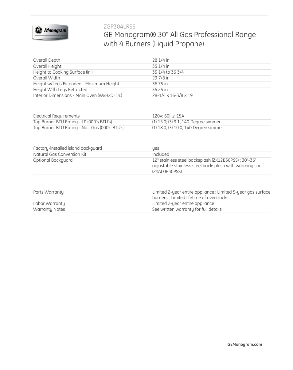 GE ZGP304LRSS User Manual | Page 4 / 4