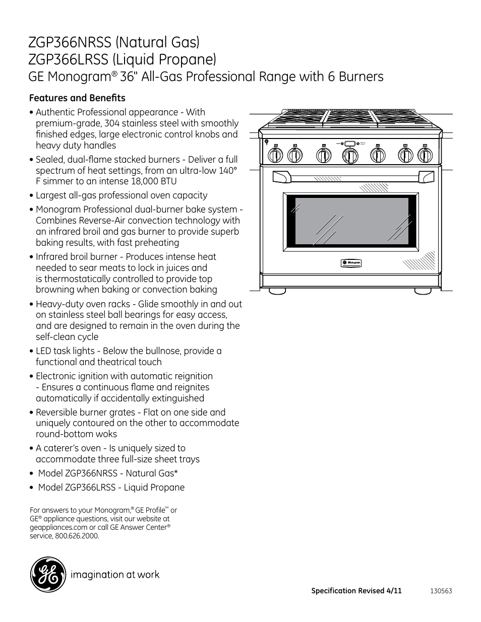 Ge monogram, 36" all-gas professional range with 6 burners, Zdp366 | Features and benefits | GE ZGP366NRSS User Manual | Page 3 / 3