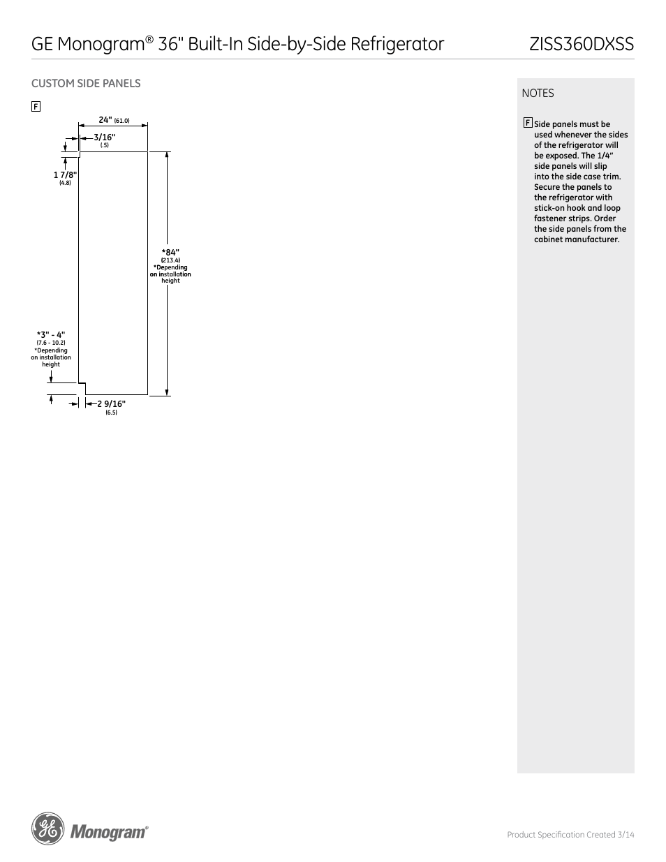 Ziss360dxss ge monogram, 36" built-in side-by-side refrigerator, Custom side panels | GE ZISS360DXSS User Manual | Page 3 / 4