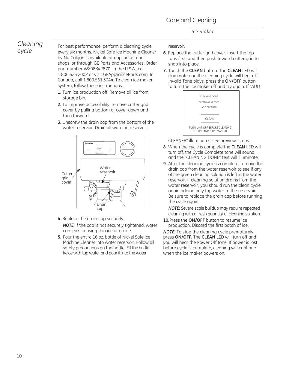 Care and cleaning, Cleaning cycle | GE ZDIS150ZSS User Manual | Page 10 / 16