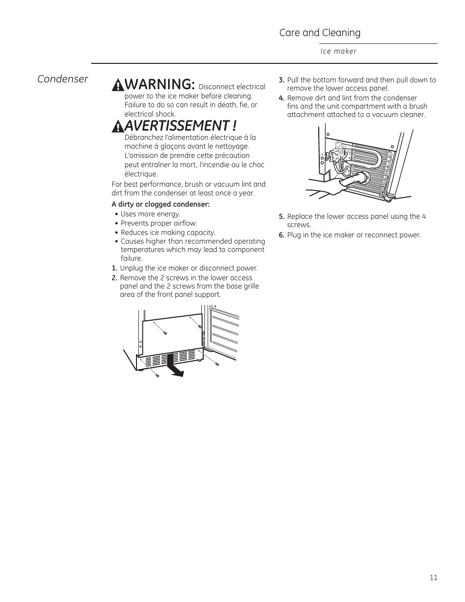 Warning, Avertissement, Care and cleaning | Condenser | GE ZDIS150ZSS User Manual | Page 11 / 16