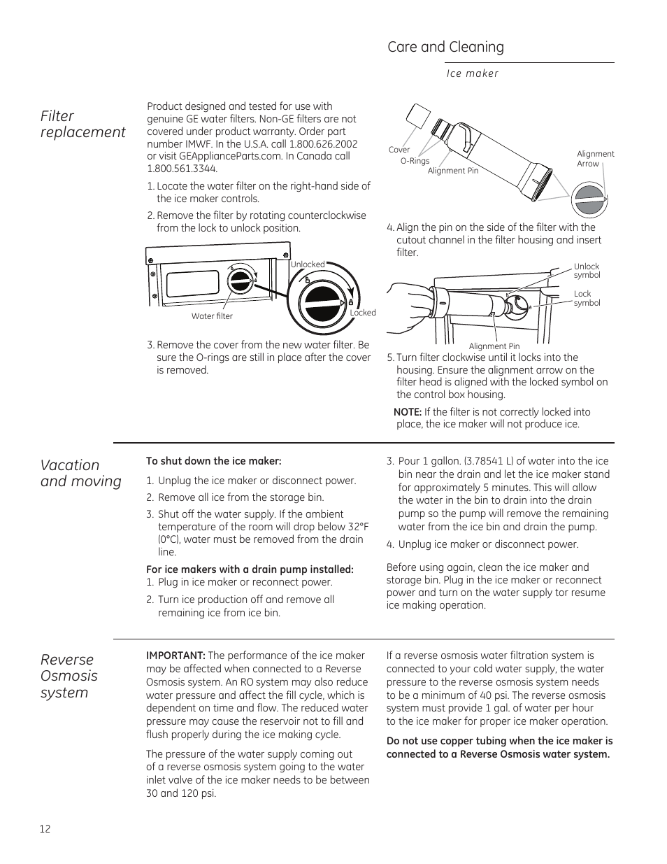 Care and cleaning, Vacation and moving, Filter replacement | Reverse osmosis system | GE ZDIS150ZSS User Manual | Page 12 / 16