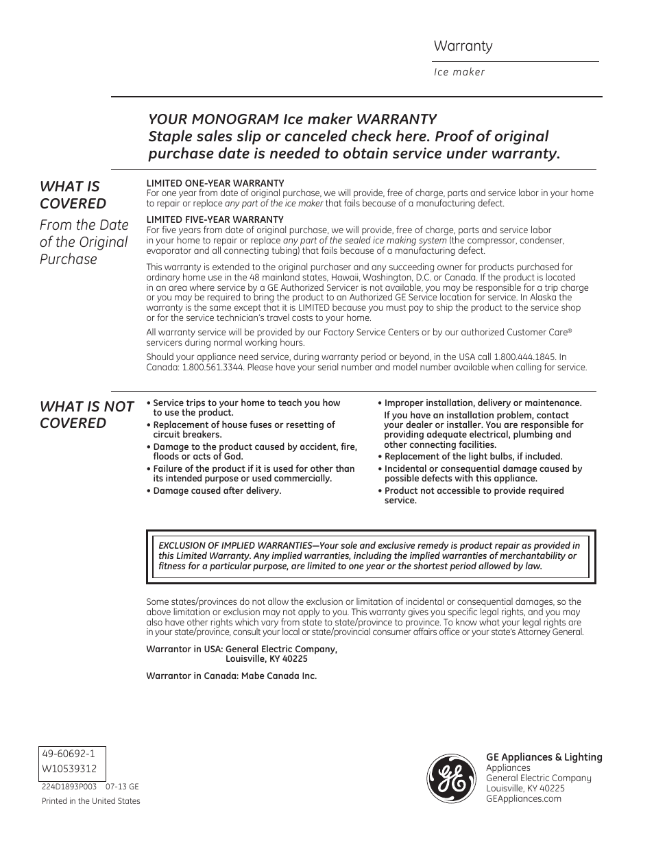 Warranty, What is not covered | GE ZDIS150ZSS User Manual | Page 16 / 16