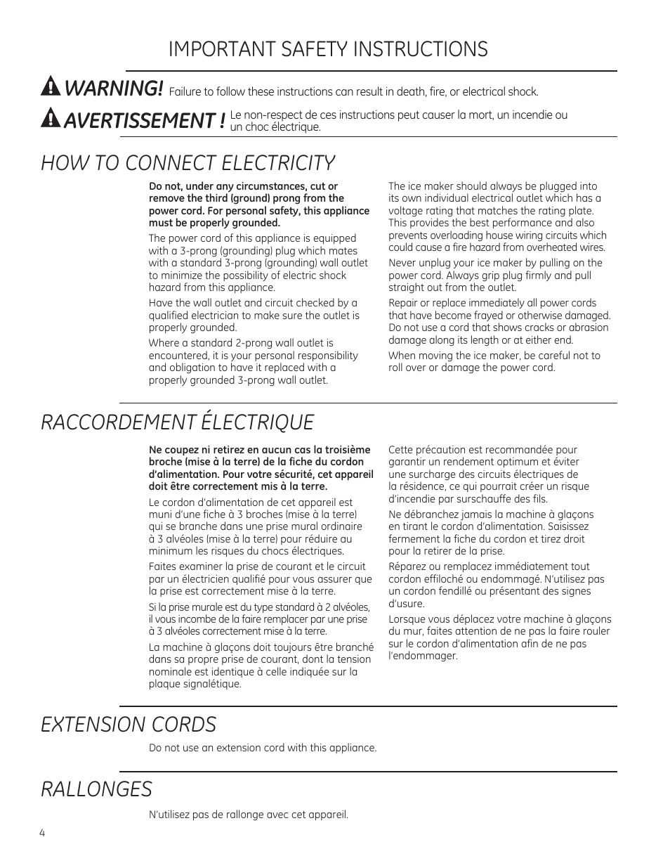 How to connect electricity, Raccordement électrique, Extension cords | Rallonges, Warning, Avertissement, Important safety instructions | GE ZDIS150ZSS User Manual | Page 4 / 16