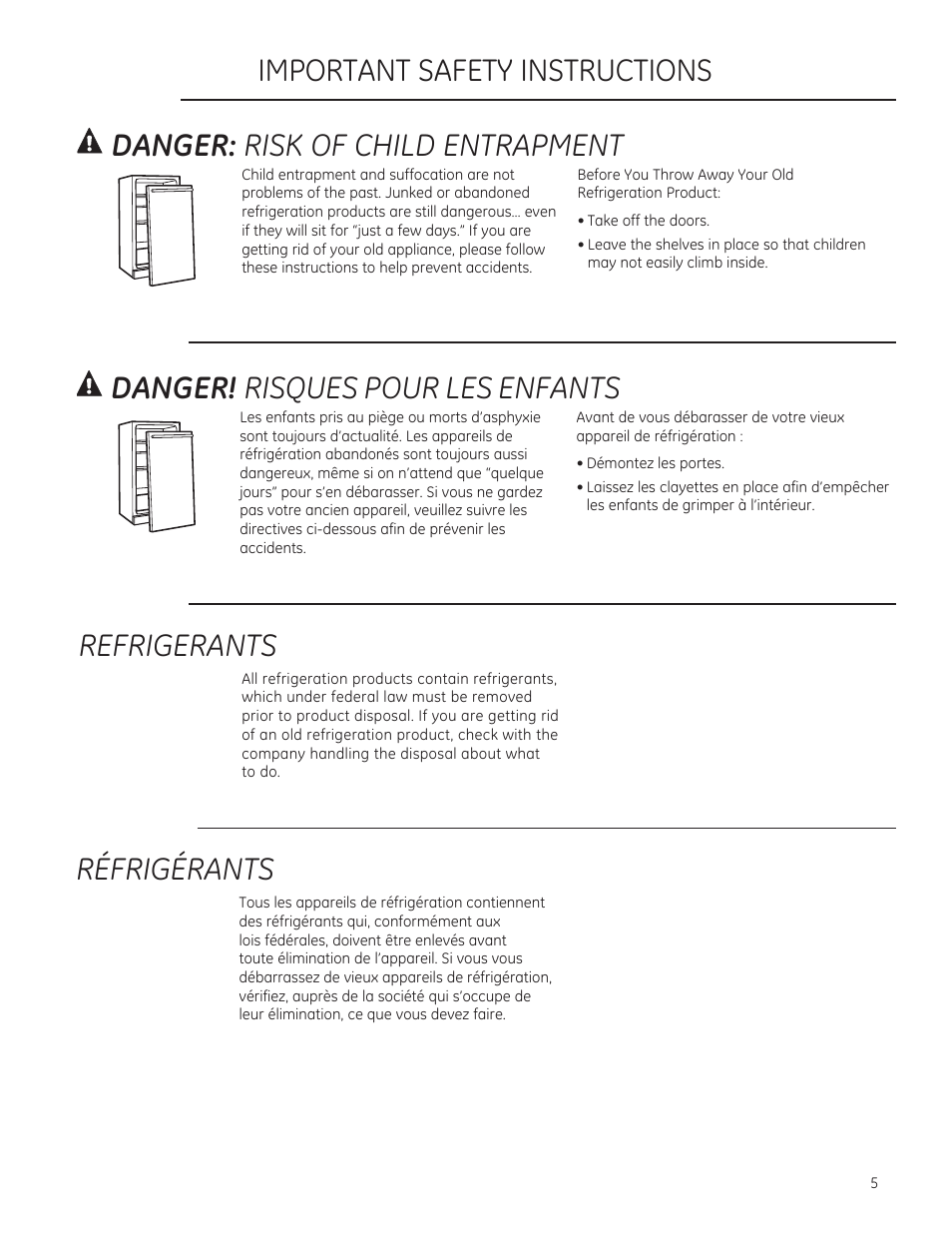 Refrigerants, Danger! risques pour les enfants, Réfrigérants | Danger: risk of child entrapment, Important safety instructions | GE ZDIS150ZSS User Manual | Page 5 / 16