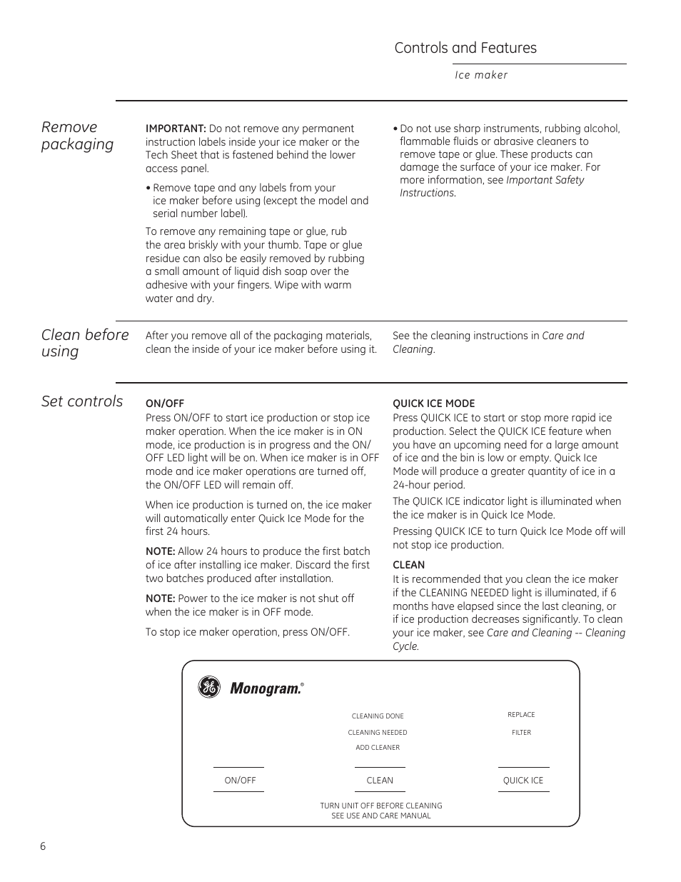 Controls and features, Remove packaging, Set controls | Clean before using | GE ZDIS150ZSS User Manual | Page 6 / 16