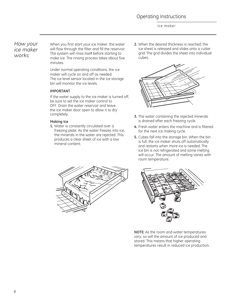 Operating instructions, How your ice maker works | GE ZDIS150ZSS User Manual | Page 8 / 16