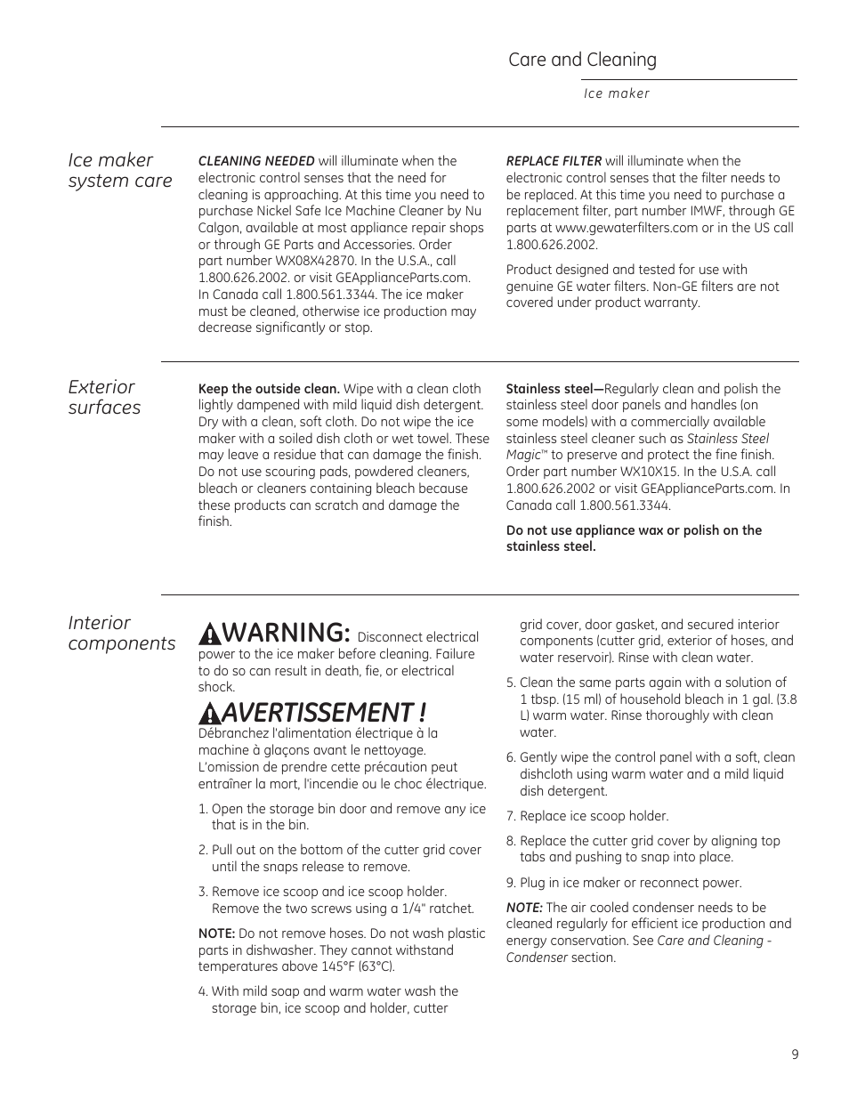 Warning, Avertissement, Care and cleaning | Ice maker system care, Exterior surfaces interior components | GE ZDIS150ZSS User Manual | Page 9 / 16