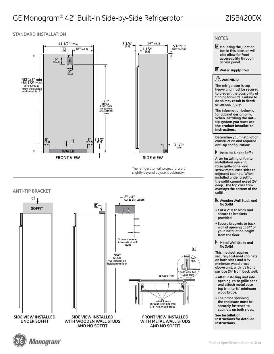Zisb420dx ge monogram, 42" built-in side-by-side refrigerator, Zisb420dx | Standard installation anti-tip bracket | GE ZISB420DX User Manual | Page 2 / 6