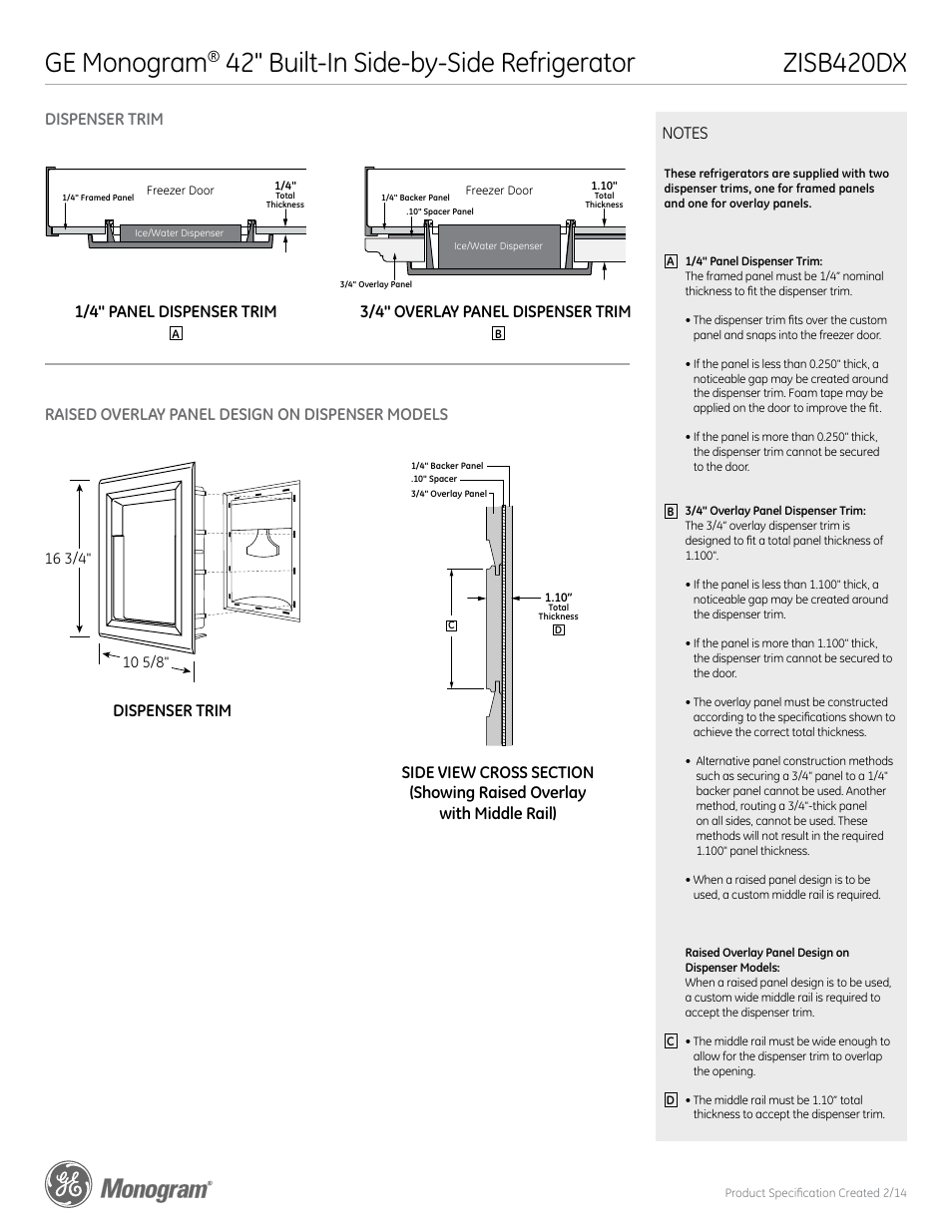 Zisb420dx ge monogram, 42" built-in side-by-side refrigerator | GE ZISB420DX User Manual | Page 5 / 6