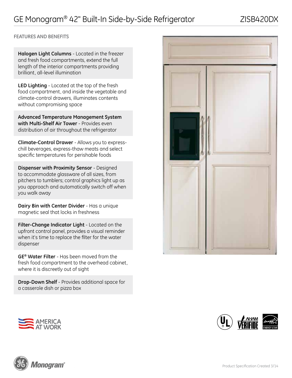Zisb420dx ge monogram, 42" built-in side-by-side refrigerator | GE ZISB420DX User Manual | Page 6 / 6