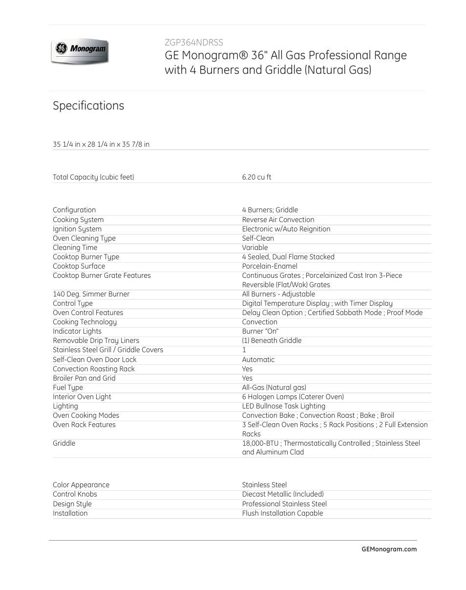 Specifications, Zgp364ndrss | GE ZGP364NDRSS User Manual | Page 3 / 4