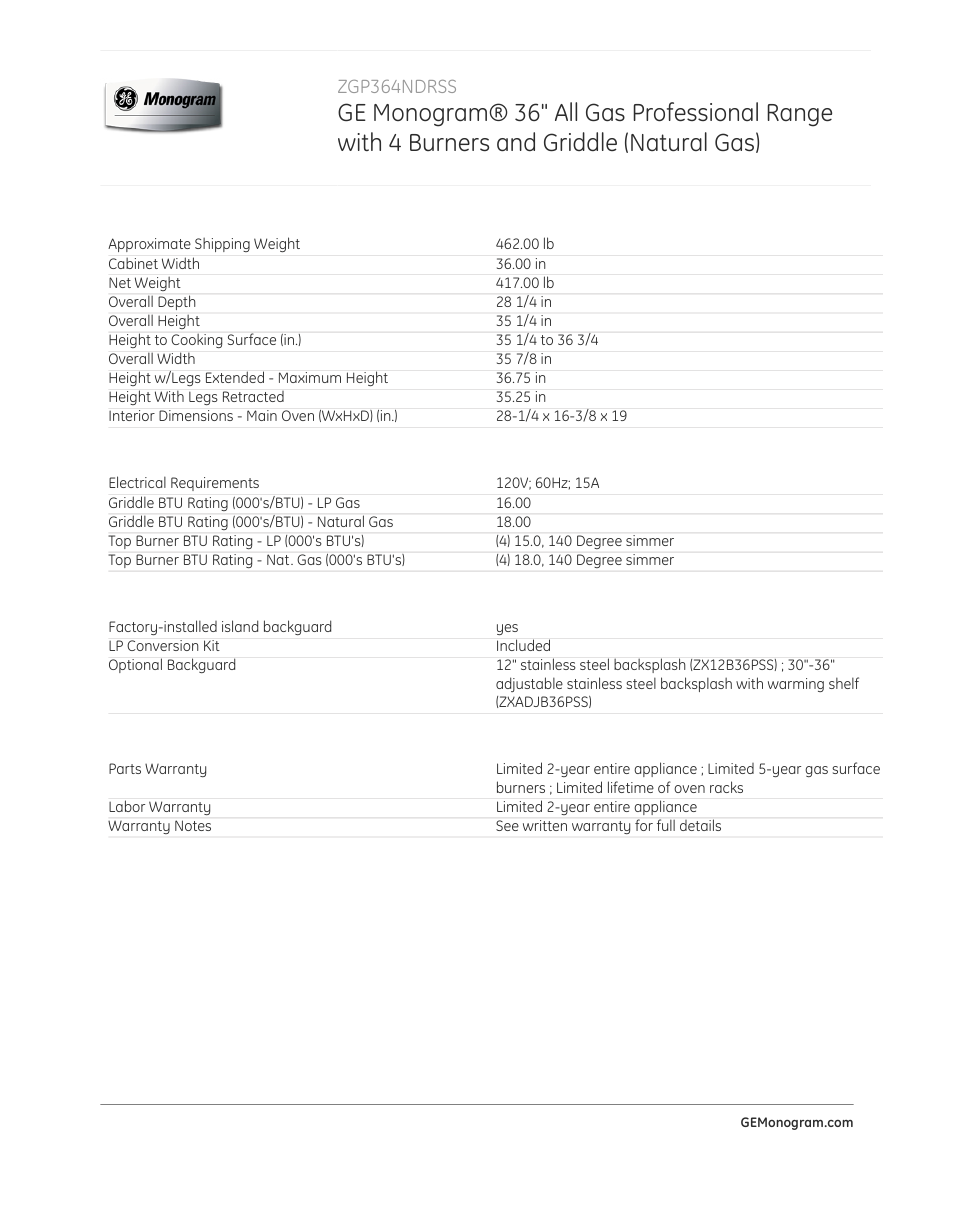 Zgp364ndrss | GE ZGP364NDRSS User Manual | Page 4 / 4