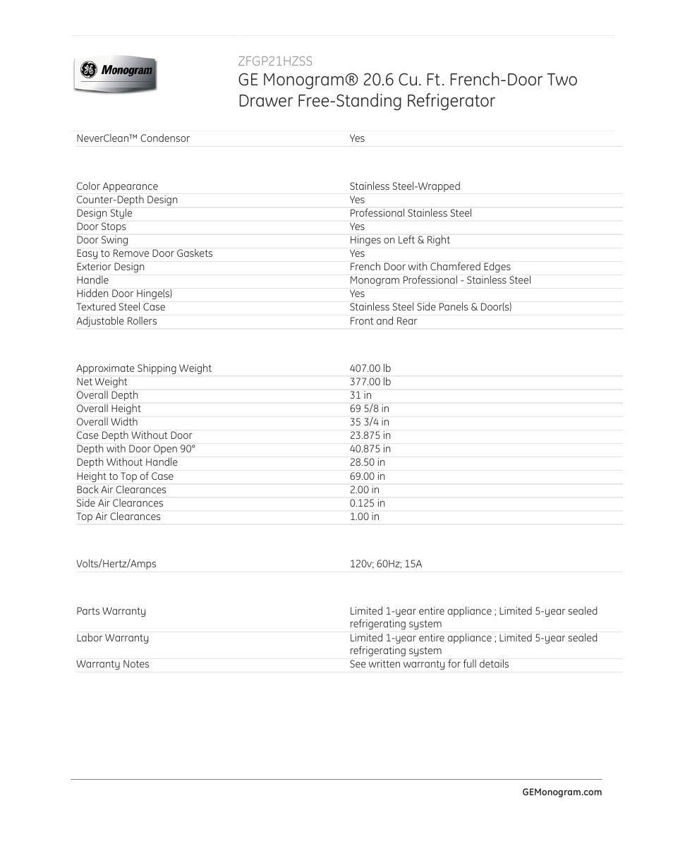 Zfgp21hzss | GE ZFGP21HZSS User Manual | Page 4 / 4