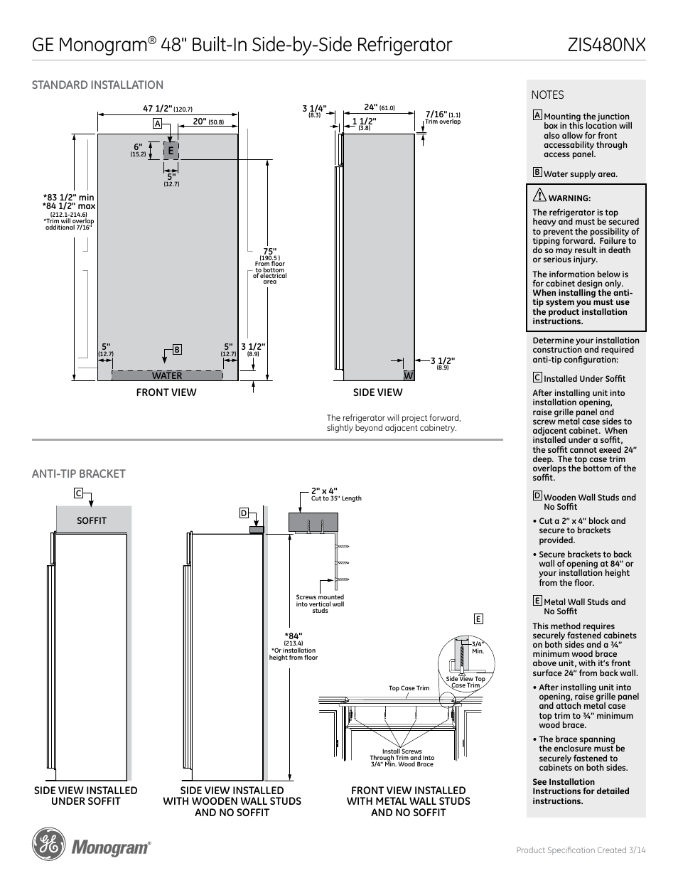 Zis480nx ge monogram, 48" built-in side-by-side refrigerator, Zis480nx | Standard installation anti-tip bracket | GE ZIS480NX User Manual | Page 2 / 5