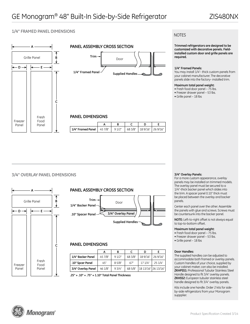 Zis480nx ge monogram, 48" built-in side-by-side refrigerator | GE ZIS480NX User Manual | Page 4 / 5