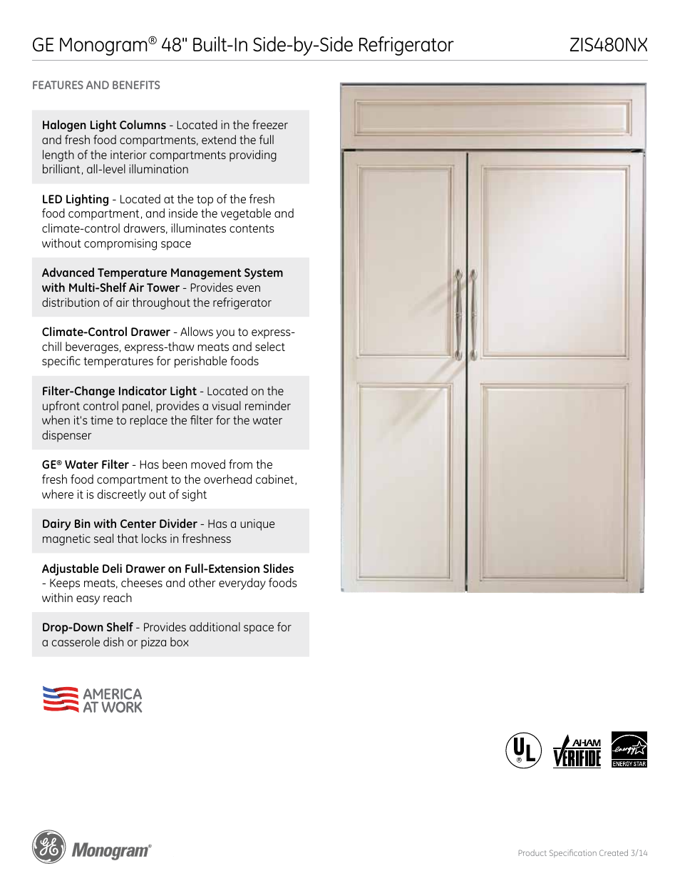 Zis480nx ge monogram, 48" built-in side-by-side refrigerator | GE ZIS480NX User Manual | Page 5 / 5