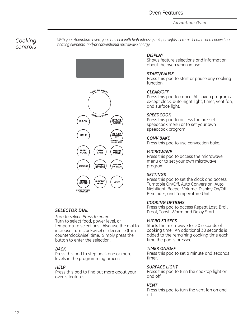 Back, Help, Display | Start/pause, Clear/oee, Speedcook, Cony bake, Settings, Cooking options, Micro 30 secs | GE ZSA2201RSS User Manual | Page 12 / 80