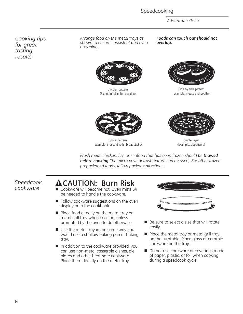 Foods can touch but should not overlap, Acaution: burn risk, Speedcooking | Cooking tips for great tasting results, Speedcook cookware | GE ZSA2201RSS User Manual | Page 14 / 80