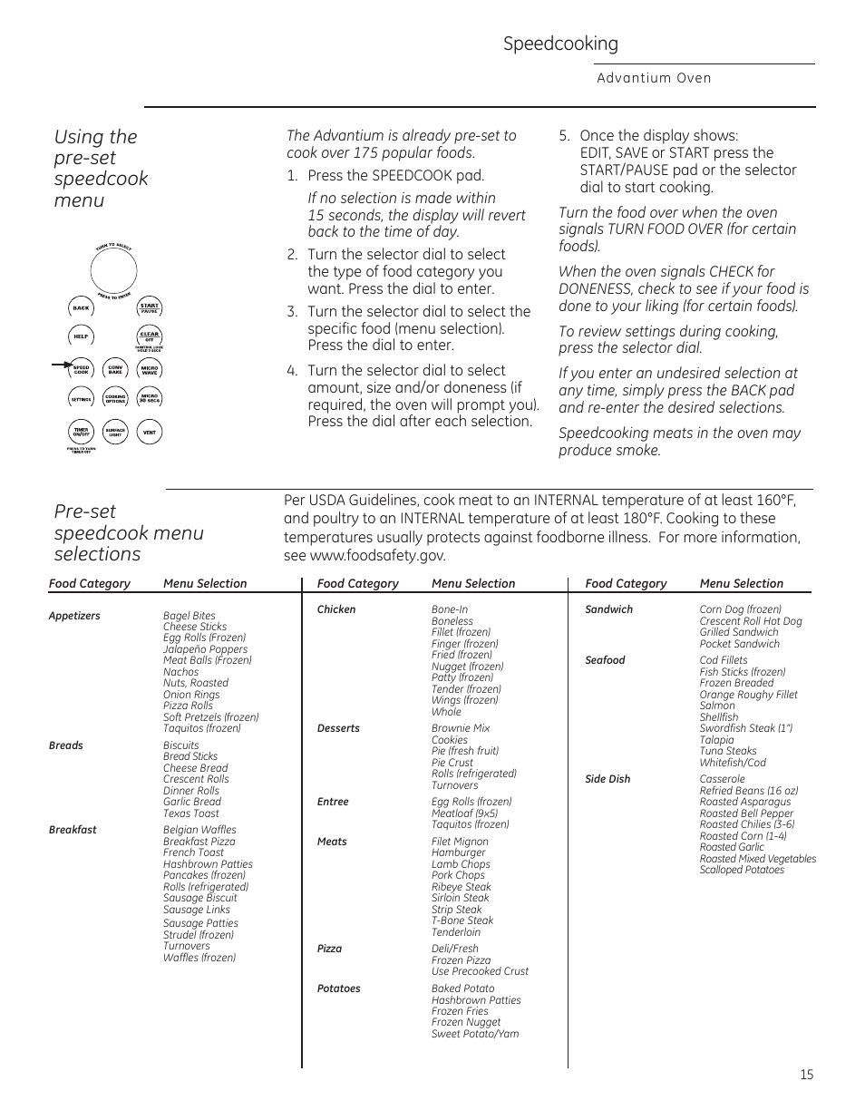 Speedcooking, Using the pre-set speedcook menu, Pre-set speedcook menu selections | Advantium oven | GE ZSA2201RSS User Manual | Page 15 / 80