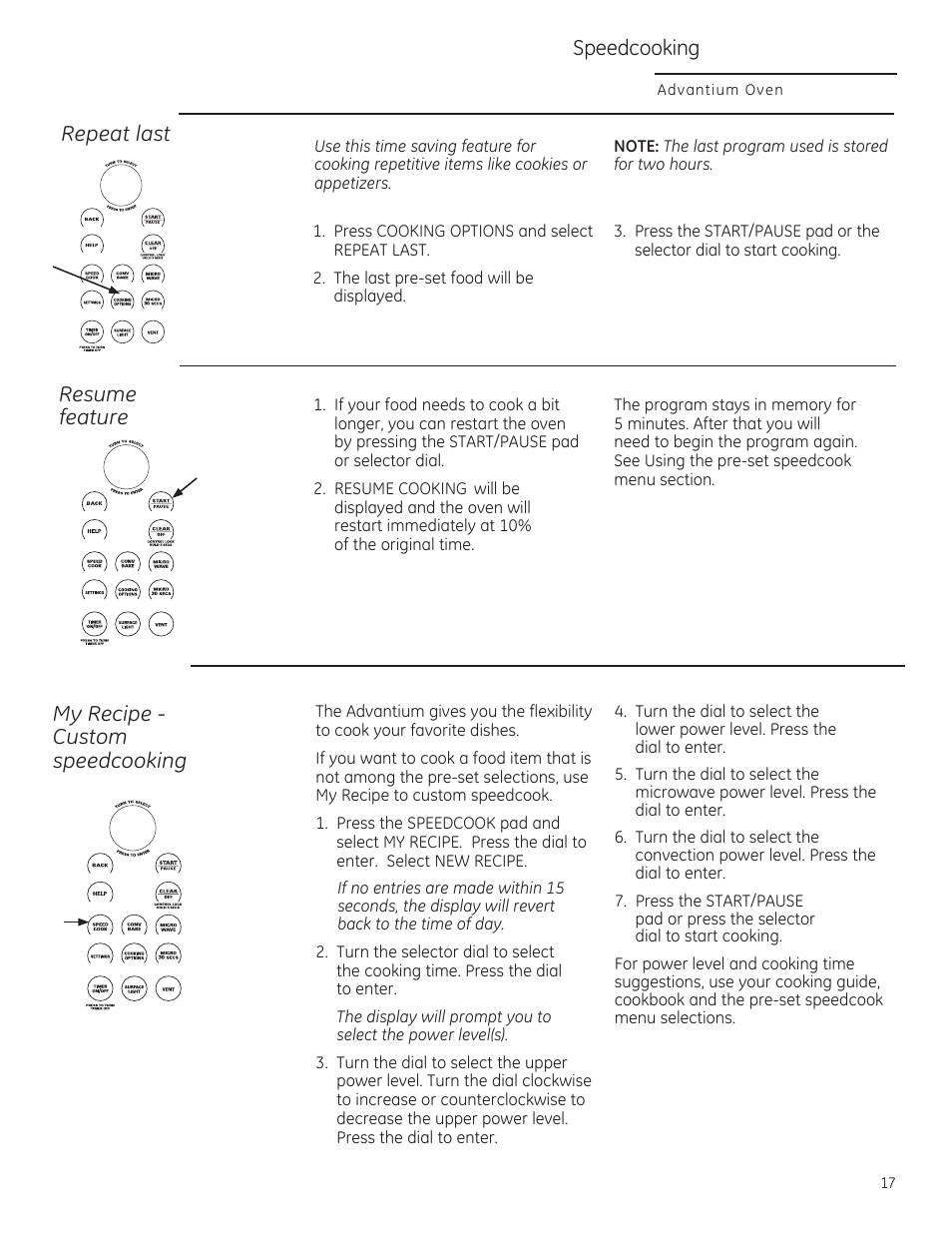 Repeat last, Oss) (je»'), Resume | Feature, My recipe, Custam, Speedcaaking, My recipes -19, Speedcooking, Resume feature | GE ZSA2201RSS User Manual | Page 17 / 80